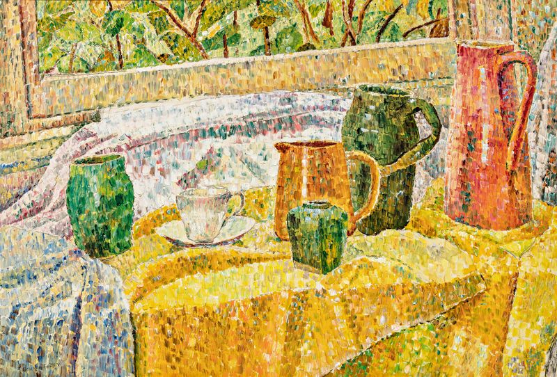 Still life with white cup and saucer by Grace Cossington Smith